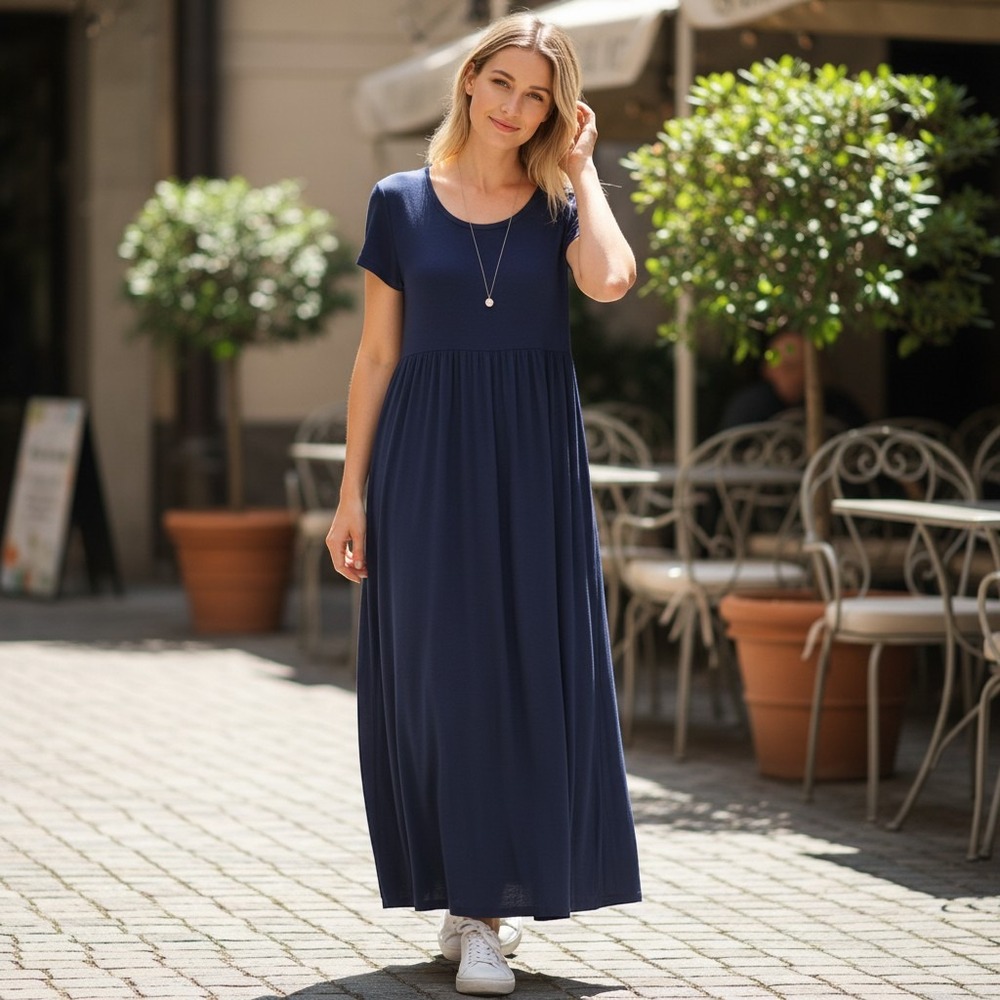 Suzanne Betro Womens 2X Navy Blue Short Sleeve Empire Waist Maxi Dress Pockets